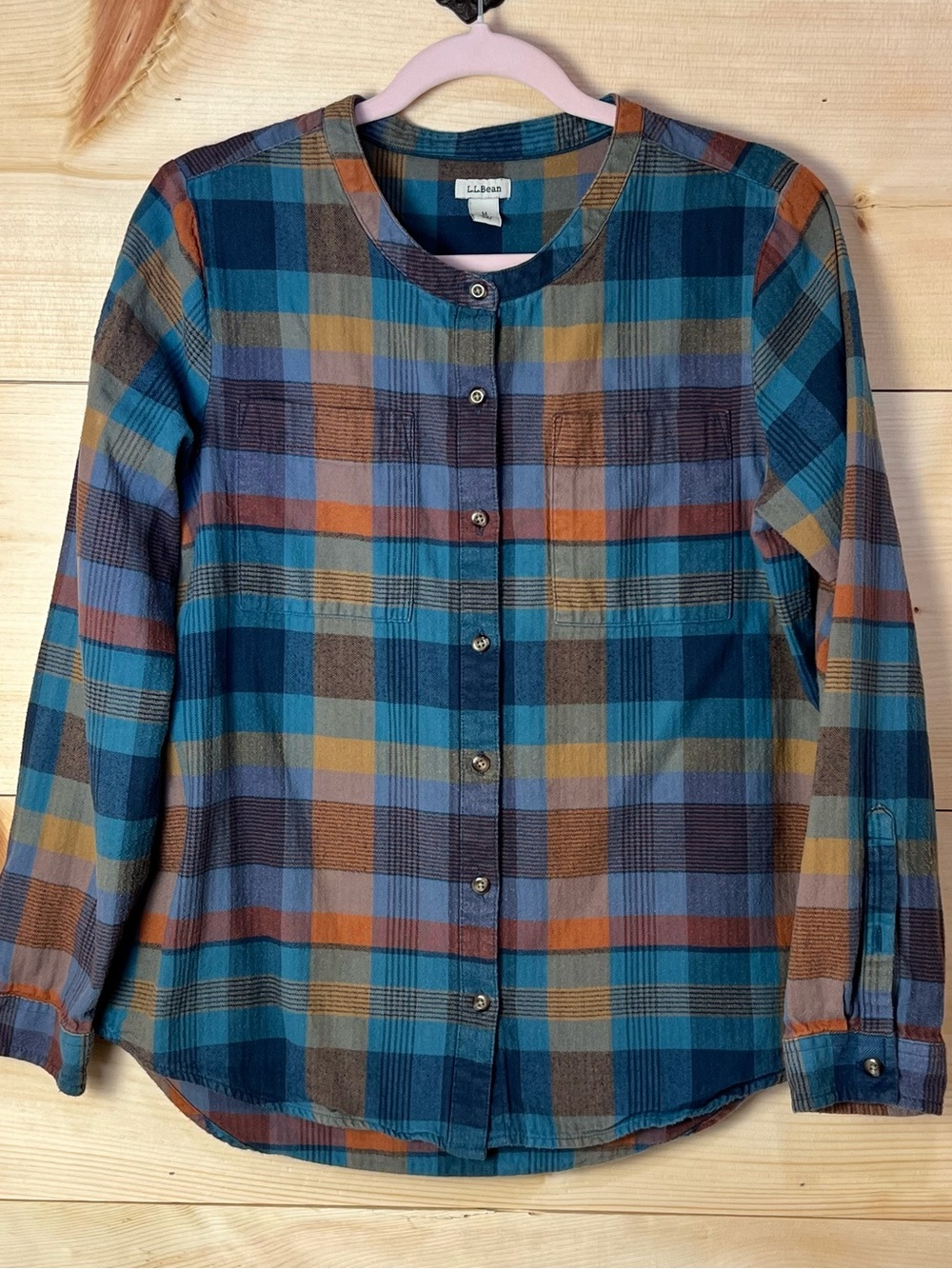 L.L. Bean Plaid Button-Down Cotton Flannel Shirt in Teal/Orange/Gold - Cabincore